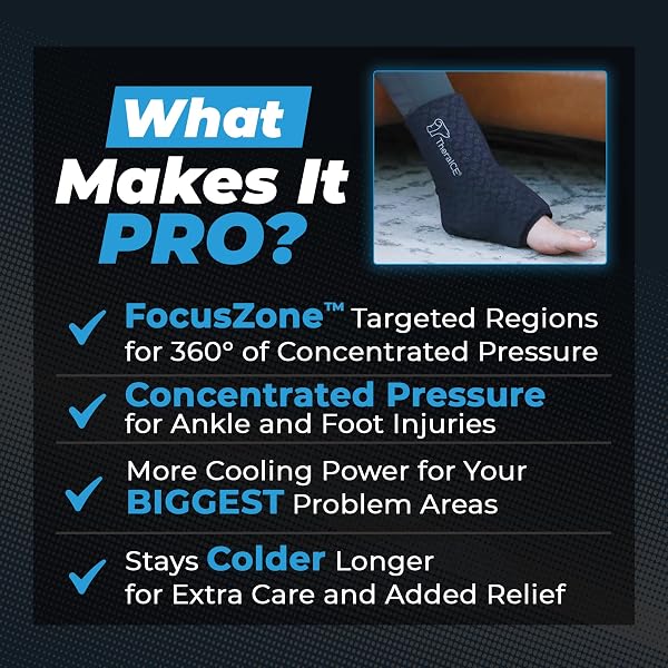 THERAICE ANKLE ICE PACK WRAP FOR SWELLING, SPRAINED ANKLE BRACE FOR WOMEN MEN, COLD FOOT HEEL SPUR SUPPORT COMPRESSION SOCKS, PLANTAR FASCIITIS ACHILLES TENDONITIS PAIN RELIEF FOCUSZONE EXTRA COOLING