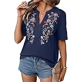 Mexican Shirts for Women Embroidered Tops Traditional Summer Blouse Floral Tunic V Neck Short Sleeve T Shirt