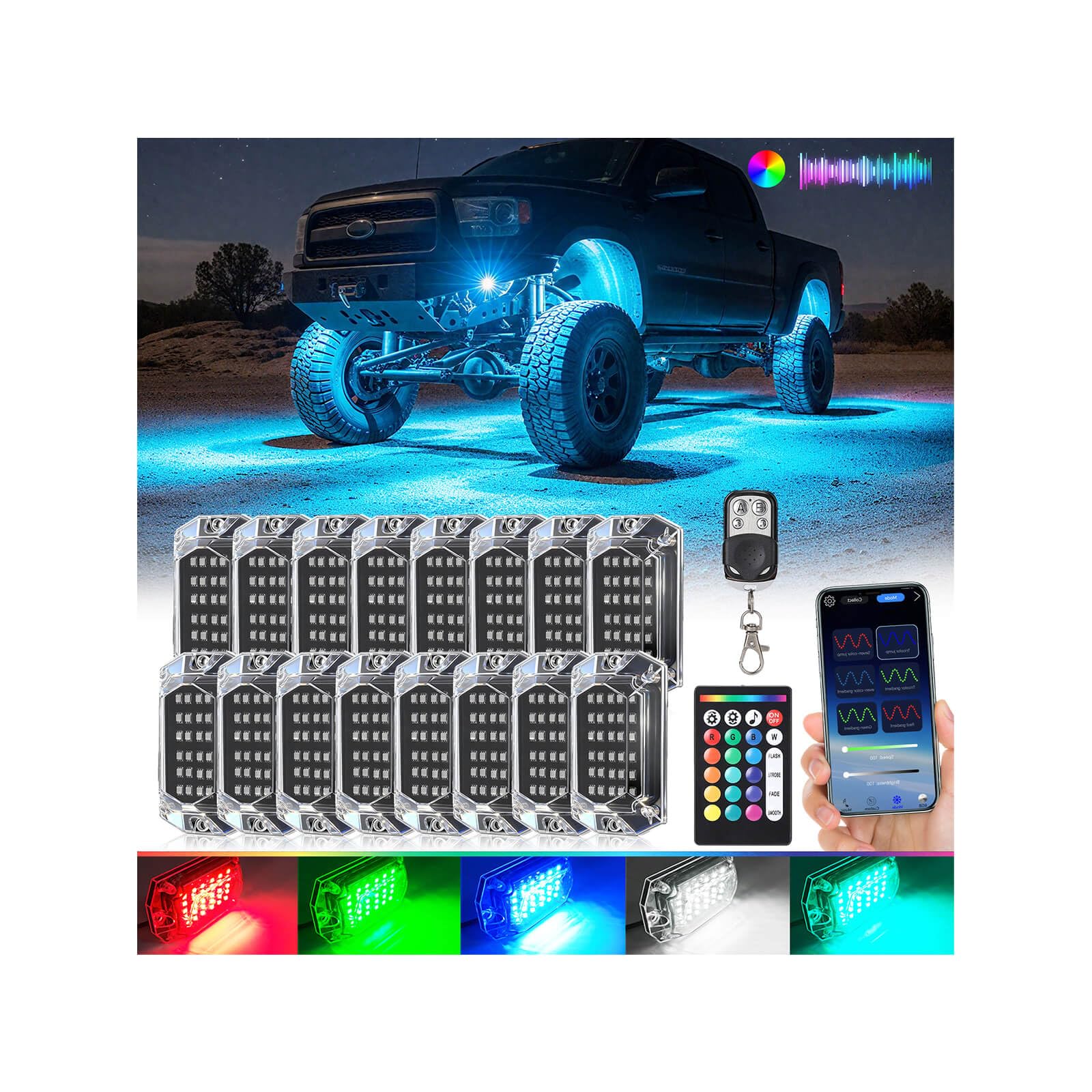 Photo 1 of 16Pods Full Angle RGB LED Rock Lights Full Kit for Truck, Pickup, Semi Truck Jeep RV Offroad Vehicles, 480Chip Waterproof Multicolor Underglow Light with APP/RF Remote, Neon Underbody Accent Light 12V