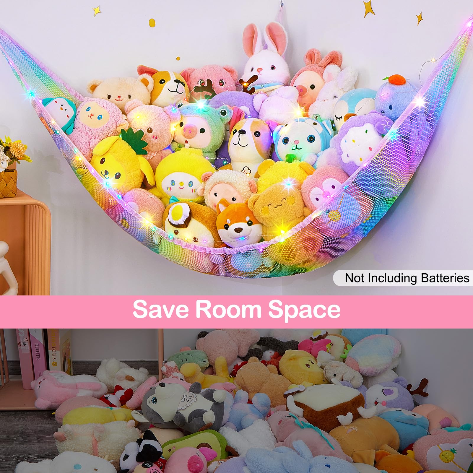 Unicorn Castle Stuffed Animals Net Hammock Kids Toy Storage with LED Light Plush Toy Organizer Corner Hanging Stuffed Animals Holder For Nursery Kids Girls Room Decor