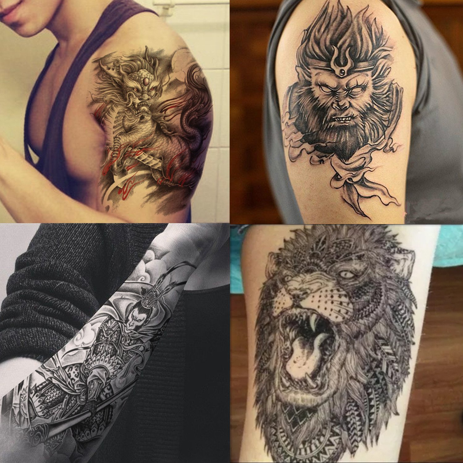 Dalin 4 Sheets Temporary Tattoos, The Monkey King, Lion, Qilin