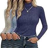 Velvelhall 3 Pack Women's Long Sleeve Turtleneck Shirts Ribbed Knit Slim Fit Undershirts Basic Thermal Underwear Tops