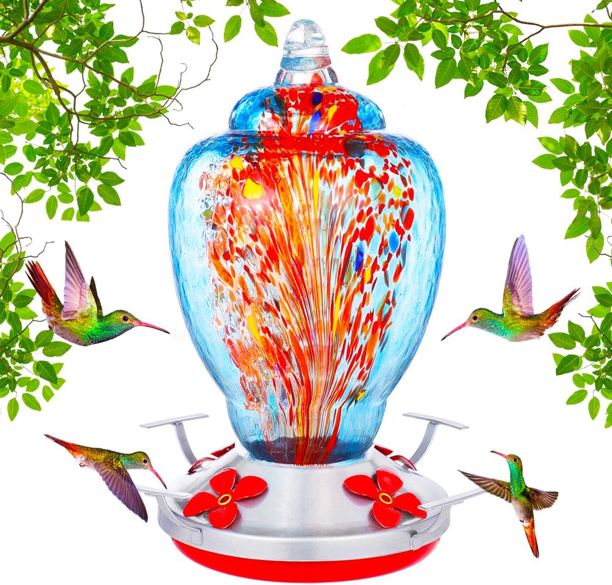 MAOYUE Hummingbird Feeder for Outdoor Hand Blown Glass
