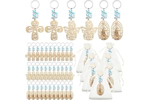 Hicarer 30 Pcs Baptism Key Ring Bautizo Recuerdos De Bautizo Para Cross Wooden Keychain with Organza Gift Bags Baptism Favor (Blue Pearls)