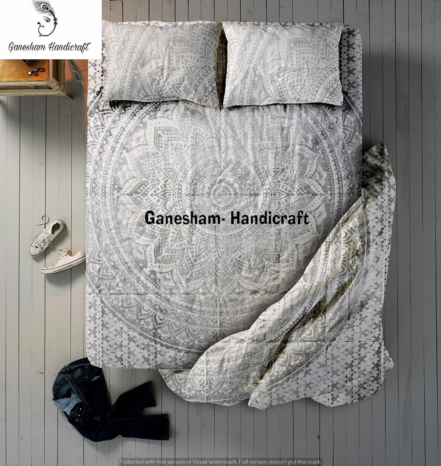 Ganesham Indian Hippie Throw Blankets, Bedroom Decor Quilt Throw, Queen Size Fitted Bedsheet, Indian Mandala Luxury Boho Bedding 100% Cotton Flat Bed Cover with 2 Pillow Case
