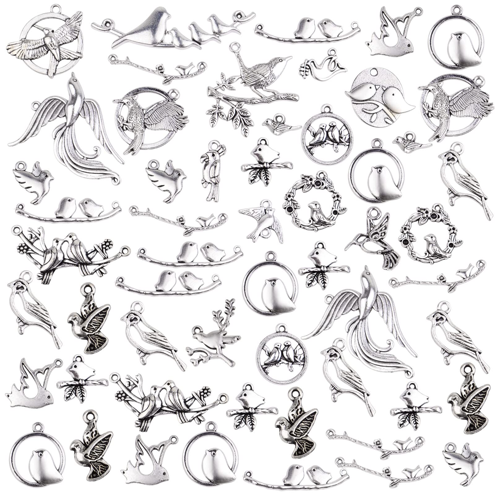 Photo 1 of 100 Gram Mixed Styles Bird Charms Tibetan Alloy Hummingbird Pigeon Swallow Pendants Vintage Animal Charms for DIY Necklace Bracelet Jewelry Making
