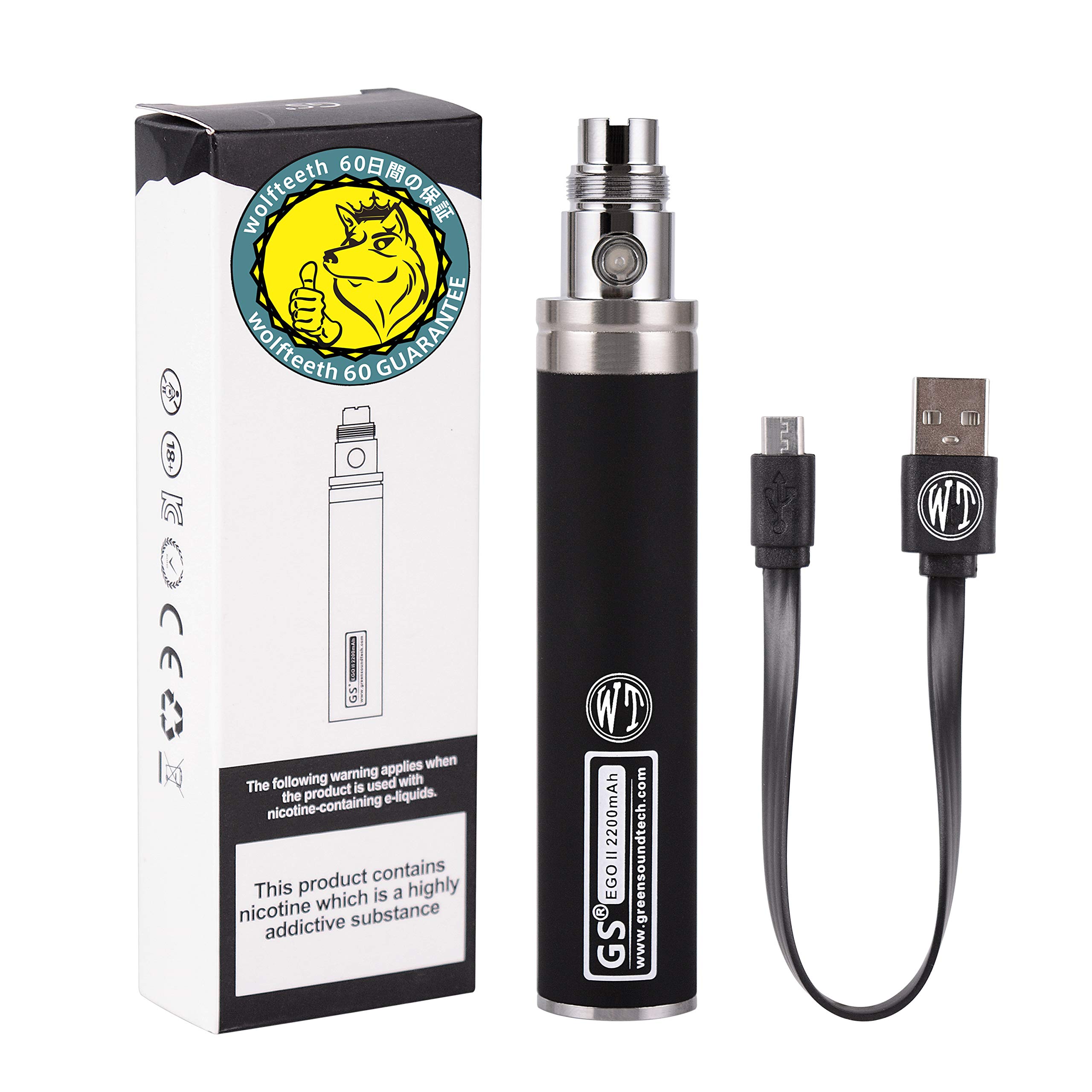 WOLFTEETH Genuine GS EGO II Prime 2200mAh Rechargeable Battery Bottom Micro USB Charge 510 Ego Charge, 510 E-Shisha E-Cigarette (0ml Nicotine Free/Black 121502)
