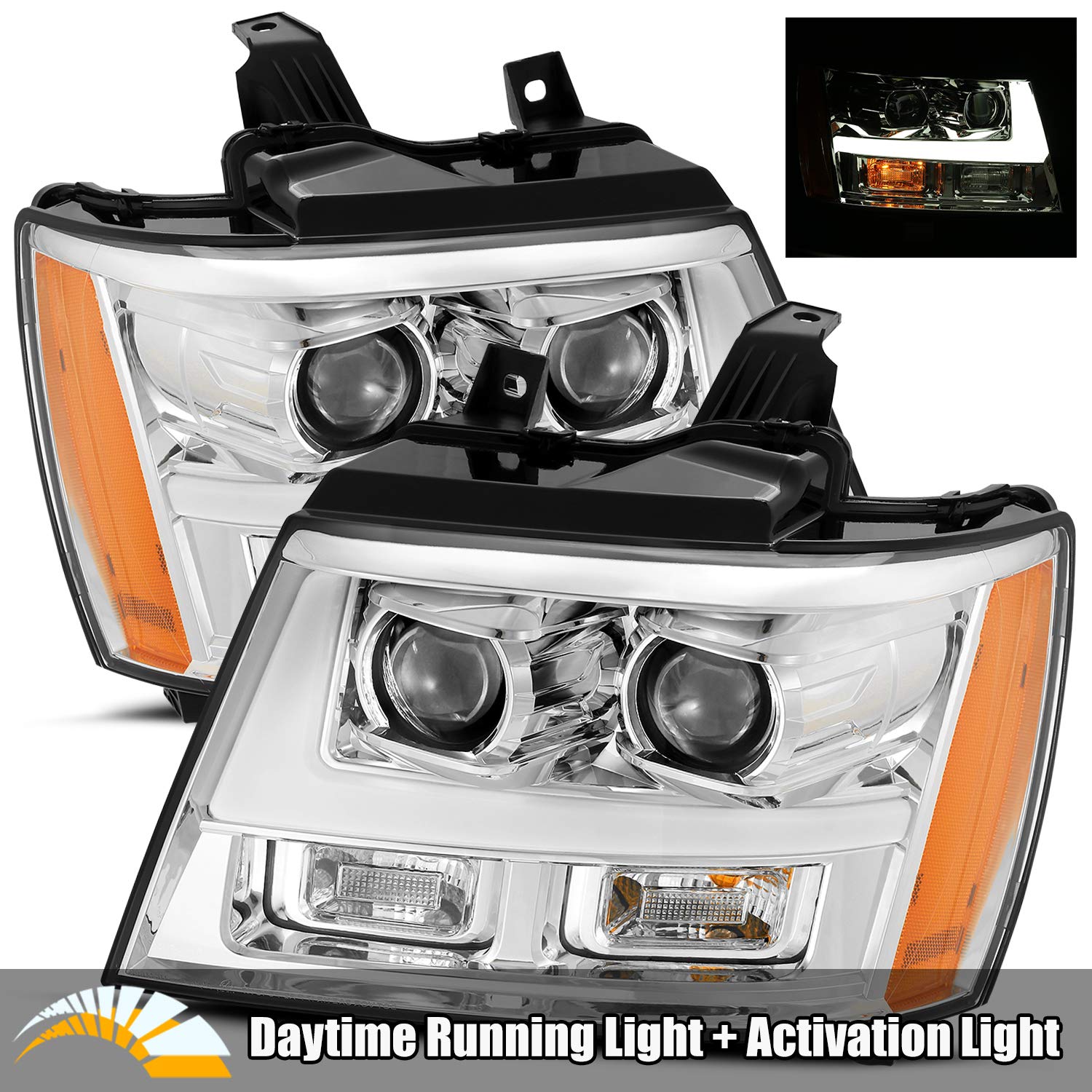 AlphaRex 07-13 Chevy Avalanche NOVA LED Proj Headlights Plank Style Design Chrome w/Activ Light/DRL