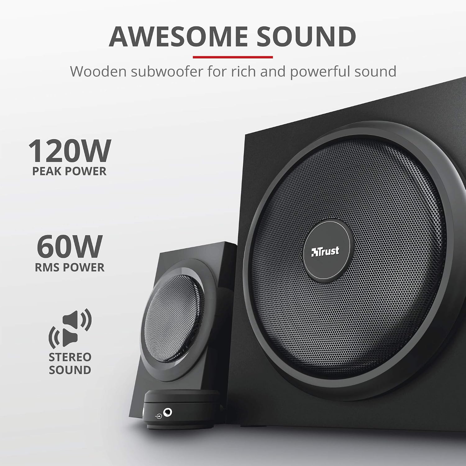 Trust Yuri 2.1 Speaker Set including Wooden Subwoofer, 120W (60W RMS), UK Plug, PC Speakers with Dynamic Bass - Image 4