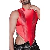 Ausing Men Bodysuit Top Glossy High Cut Thong Crotch Button Lingerie Sheer Tank Top One Size