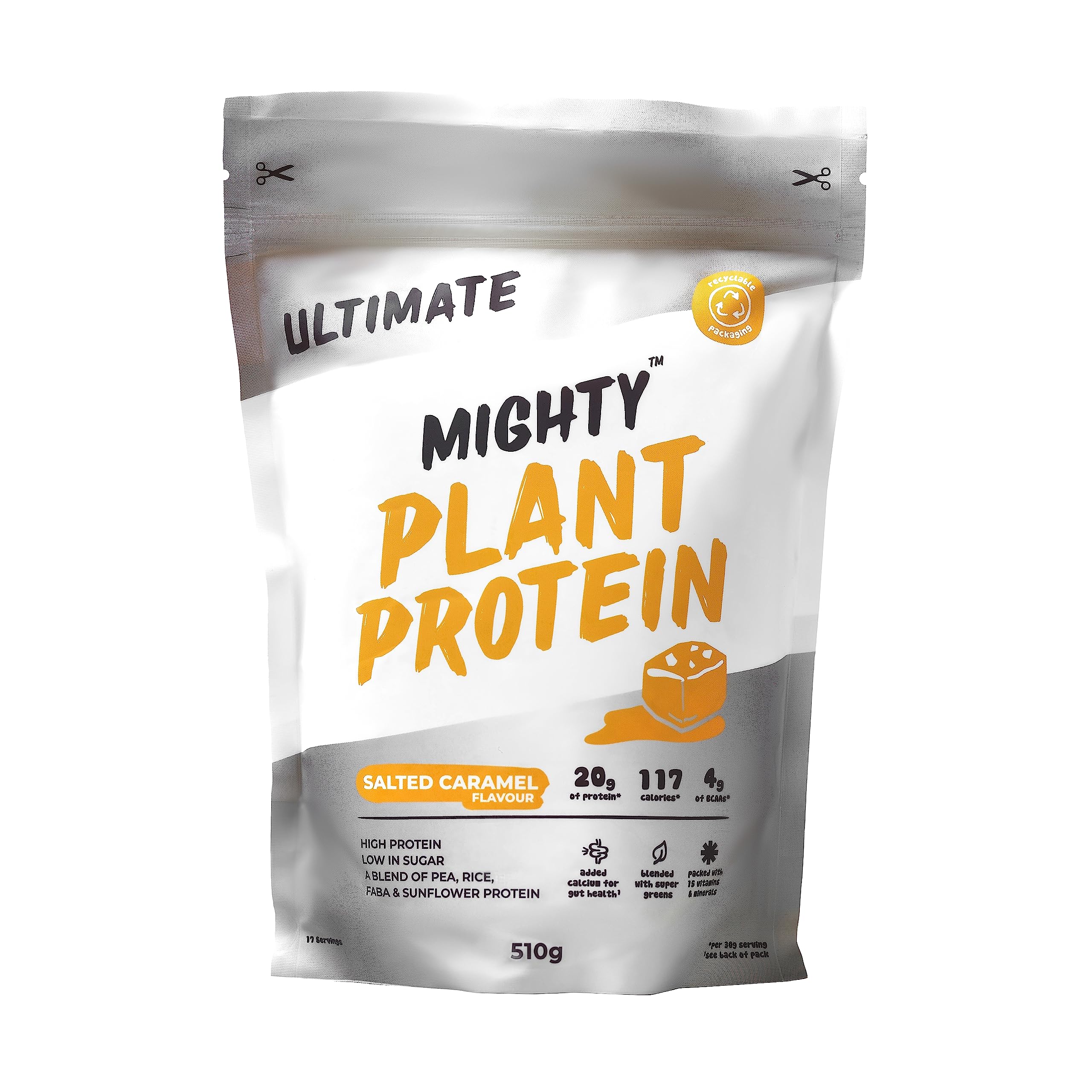 Mighty Ultimate Vegan Protein Powder, Salted Caramel Flavour, (17 Servings, 510g Bag Without Scoop), Plant Based, Dairy Free Protein Shakes, Added Vitamins, Minerals & Super Greens