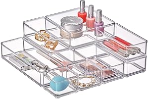 Amazing Abby - QuickSort - Plastic Stackable Organizers (10-Piece Set) for Vanity and Desk Drawer, Perfect Storage Solution for Beauty Products, Office Supplies, Decorative Items, and More