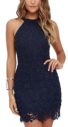 LOBTY Damen Kleid Sommer Kurz Etuikleid Spitzekleid Sommerkleid Minikleid Abendkleid Cocktailkleid Spitze Eng Neckholder Ärme