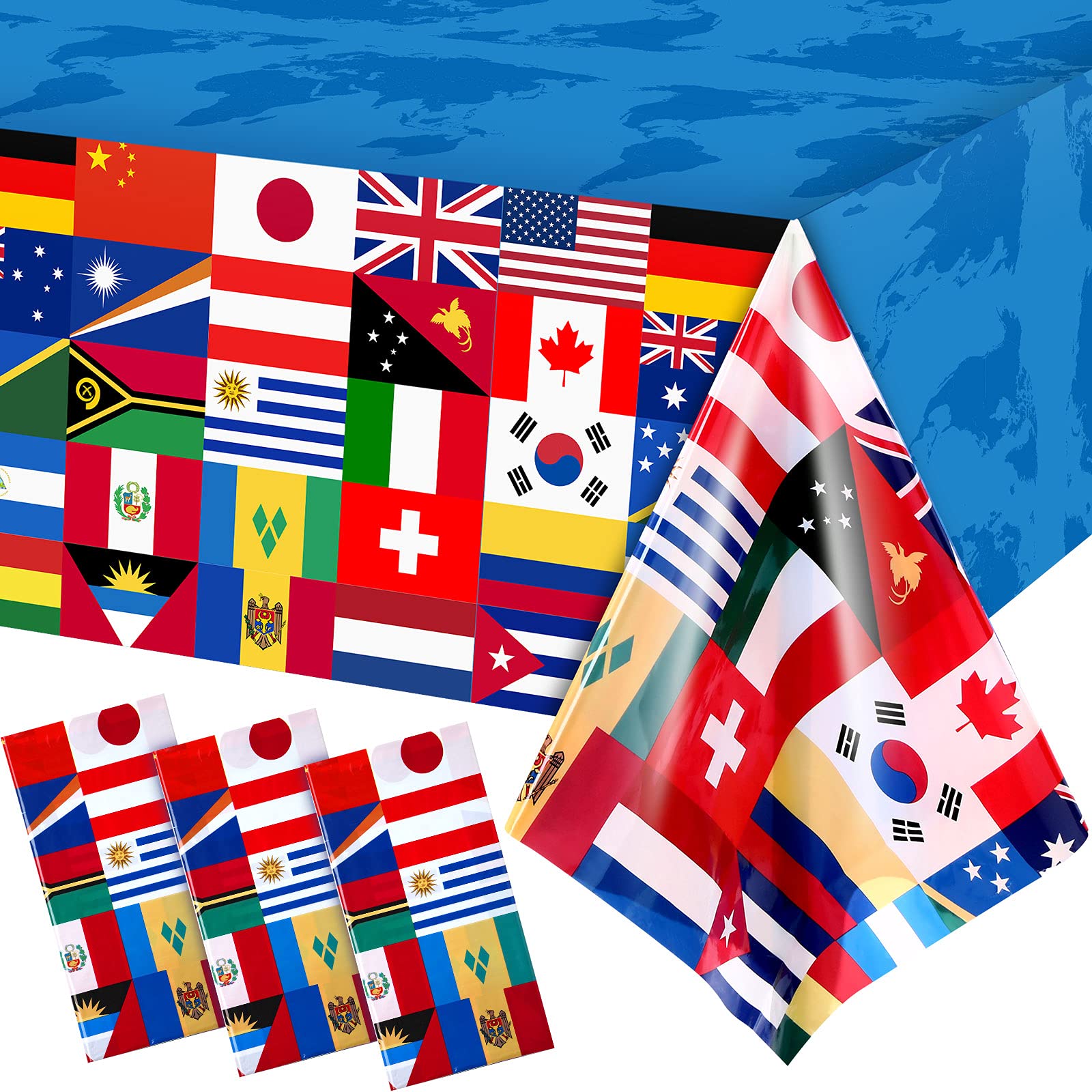 Photo 1 of FuWeave 3 Pack International Flag Table Cover Patriotic Table Cloth World Country Flags Plastic Tablecloth for Festival Events Celebration Party Decorations Soccer Sports Beer Party, 108 x 54 Inch
