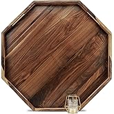MAGIGO 26 Inches Extra Large Octagonal Black Walnut Wood Ottoman Tray with Handles, Serve Tea, Coffee Classic Wooden Decorative Serving Tray
