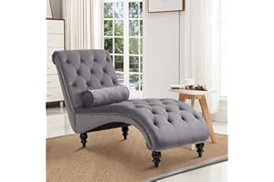 DecoraFlex Tufted Chaise Lounge Chair Indoor, Velvet Chaise Lounges with Solid Wood Legs & Support Pillow, Upholstered Couch for Bedroom Living Room Office, Leisure Sofa Recliner(Gray)