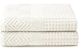 TEXERESILK Texere 100% Organic Cotton Diamond Jacquard 700 GSM Luxury Bath Towel Sets - Ultra Soft and Absorbent Hotel and Spa Quality (Diamond, Cream, 2 Bath Towels)