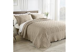 SUCHBED California King Bedspread Set Oversized King Bedspreads 128x120 inches Cal King Quilt Set Lightweight Coverlet with Shams Grid & Damask Quilted Bedspread California King Size, Beige