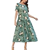 Kormei Women Casual Short Sleeve Loose Drawstring Bohemian Floral Dress Summer Beach Swing Long Maxi Dresses