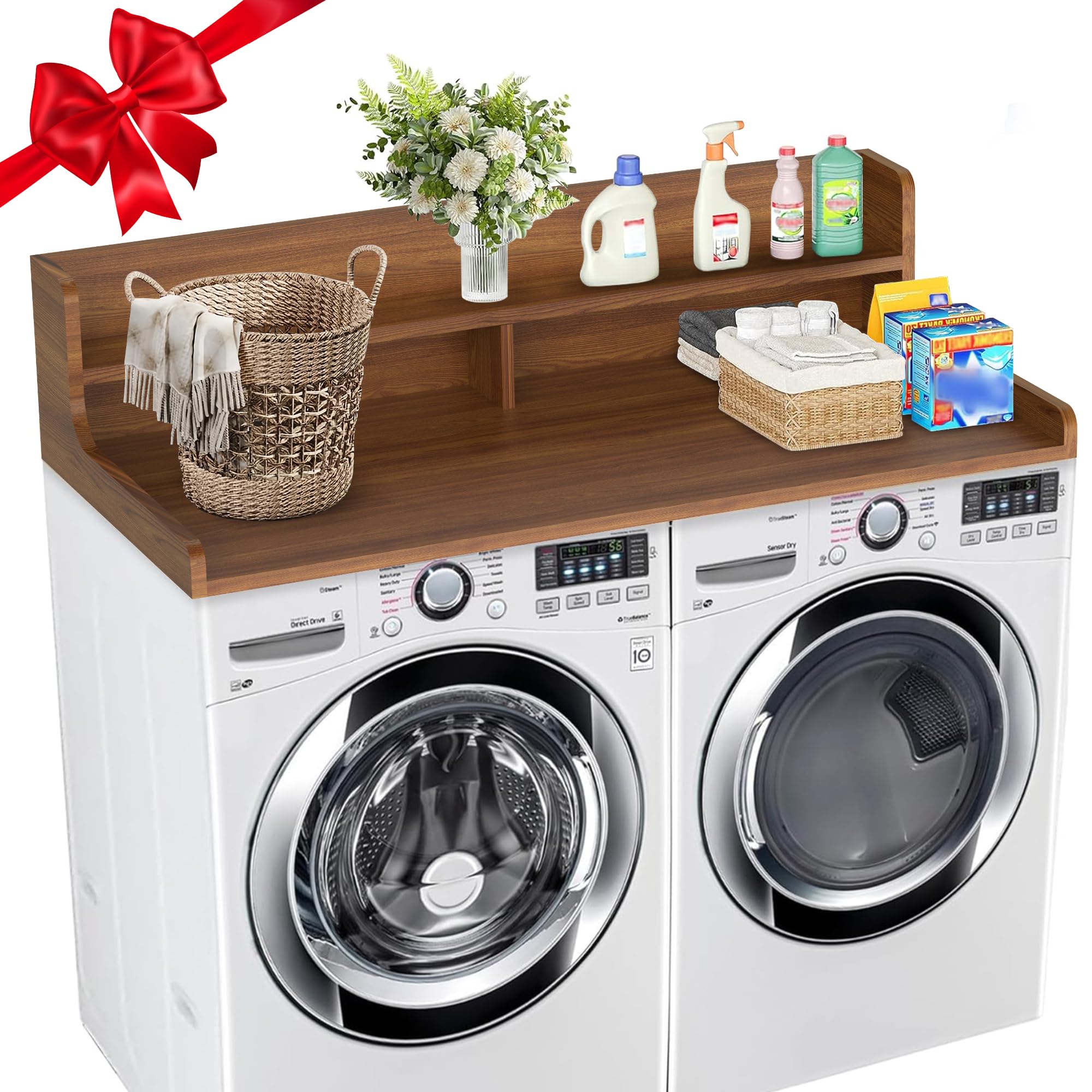 Photo 1 of 2-Tier Washer Dryer Countertop with 3" H Raised Edge, 54" W x 27.5" D Laundry Countertop Cover with Non-Slip Pad, Washer and Dryer Topper for All Front-loaded, Easy to Install(Walnut)