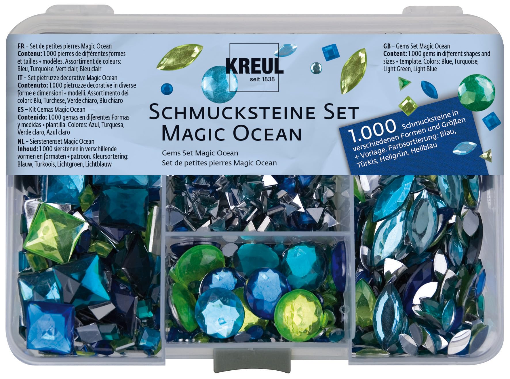 KREUL Magic Ocean 49644 Gemstone Set 1000 Stones in Blue, Turquoise, Light Green and Light Blue, in Various Shapes and Sizes, for Designing Fashionable Accessories and Home Decoration โ image 1