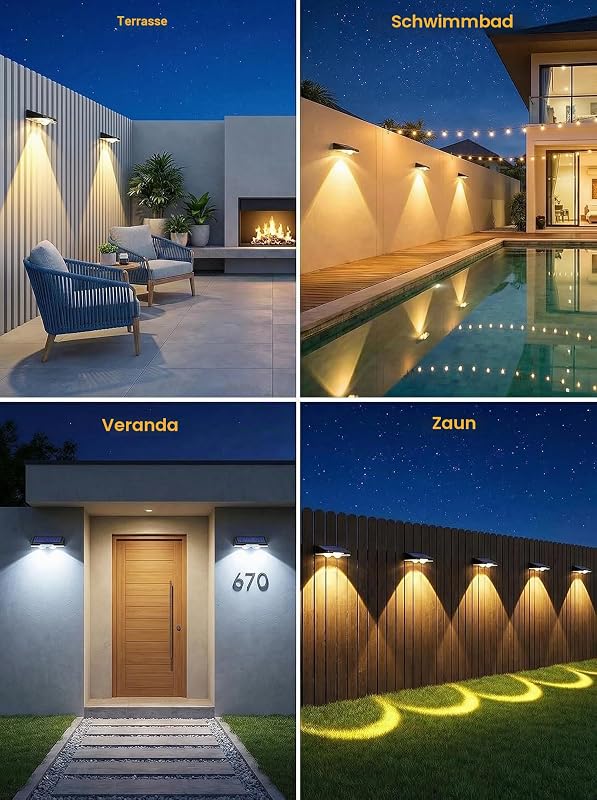 Solarlampen für Außen, 4 Stück Solar Wandleuchte Aussen,3 Leuchtmodi IP65 Wasserdicht, Solar Decklichter für Aussen Garten Treppen, Zaun, Hof, Garten, Terrasse, Weg