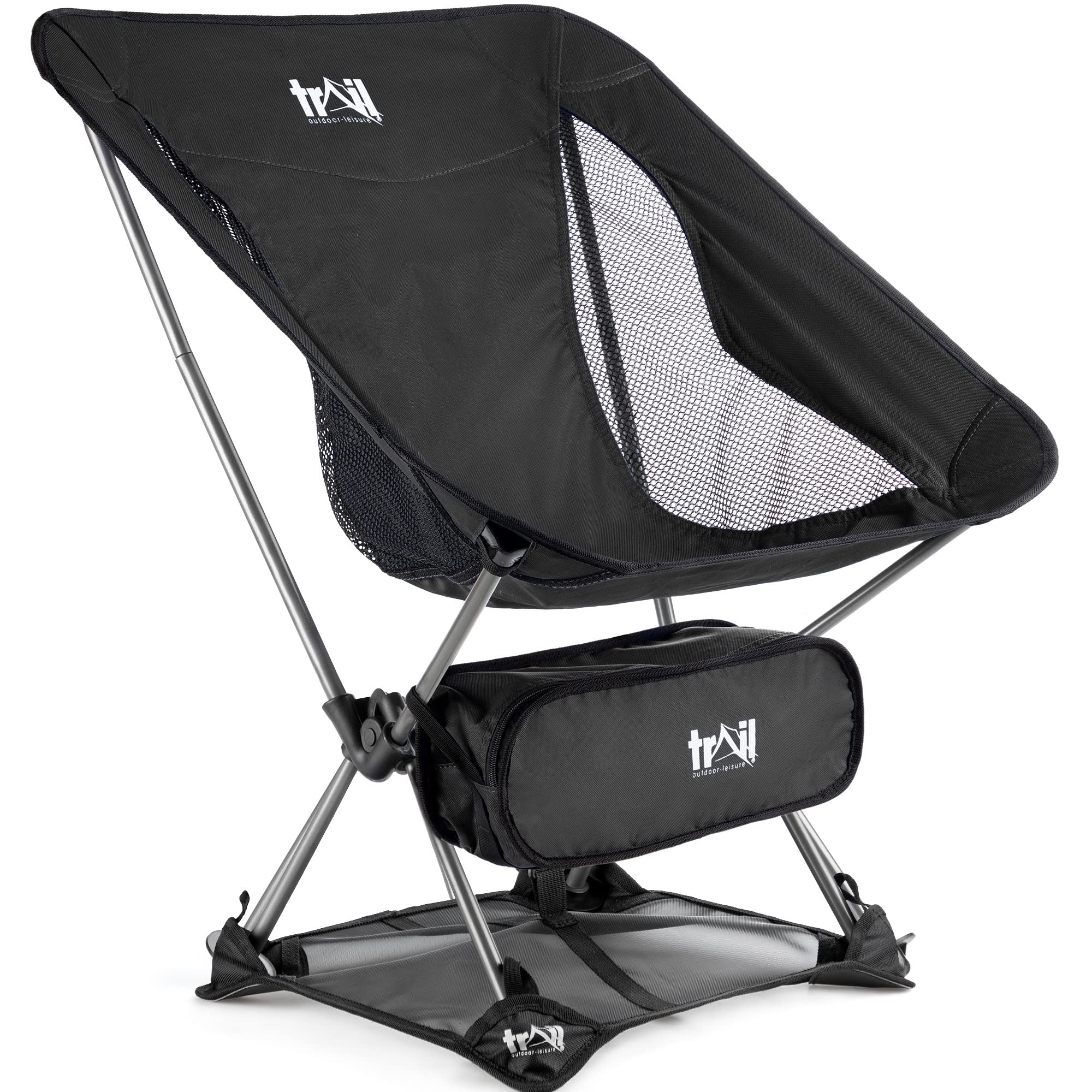 Trail Hawk Lightweight Camping Chair Portable Compact Ultralight Folding Seat with Ground Mat and Bag (Black)