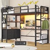 Dnxao Twin Loft Bed with Desk and 5 Storage Drawers, Oak Gray | Loft Bed Twin Size with LED Lights and Charging Station, Metal Bunk Bed Frame with Ladder, Clothes Rail,Noise Free