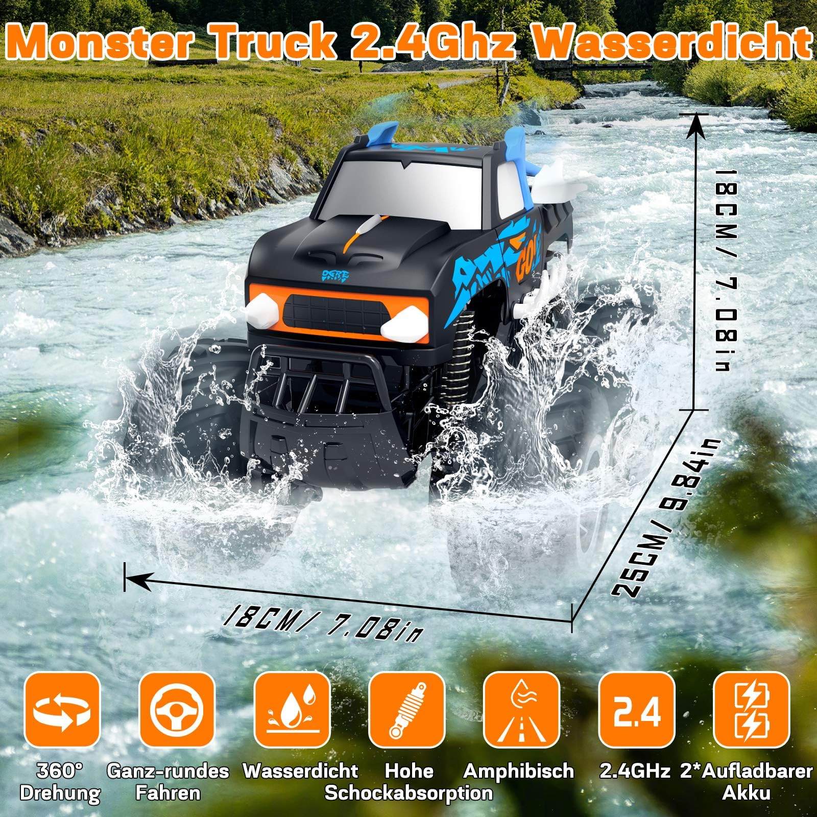 Gindoly Ferngesteuertes Auto,2,4 GHz Ferngesteuerter Monstertruck, 4WD 15+ km/h Hobby Offroad RC Auto, Wasserdicht Geländewagen Auto mit 2 Batterien, Spielzeug für Kinder ab 6 7 8 9 10 11 12 Jahre 6