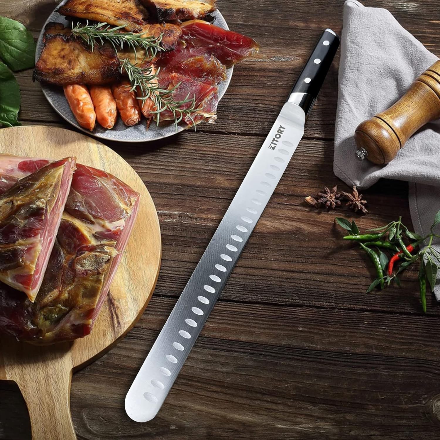 Kitory Schinkenmesser 30cm Tranchiermesser Brisket Messer aus Deutschem hochwertigem Edelstahl, Scharfe Aufschnittmesser mit Ergonomischem Pakkaholz Griff mit Geschenkbox 4