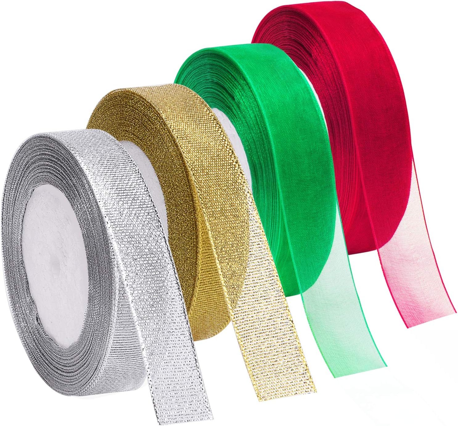 Livder 4 Rolls 4/5 Inch in Width Christmas Metallic Glitter Organza Ribbons Golden, Silvery, Red, Green Ribbon for Gift Wrapping, Christmas Tree Room Decoration: Arts, Crafts & Sewing