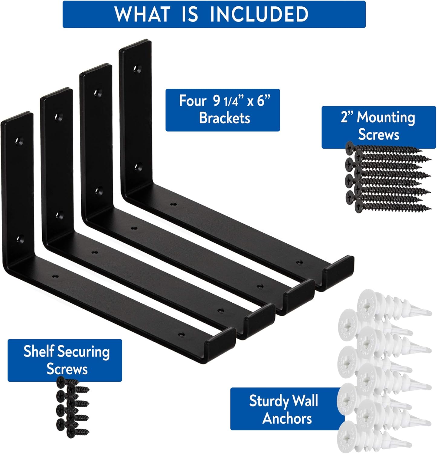 1/4" Thick Heavy-Duty Shelf Brackets - Rustic Modern Farmhouse Iron Metal Wall Floating Brace Support for DIY Open Shelving - Includes Hardware - Multiple Sizes Available 4-PK (9.25"): Home Improvement