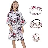 Kids Girls Robes Silky Satin Knee-length Robe Set Birthday Spa Bridal Party Flower Pattern Sleepwear