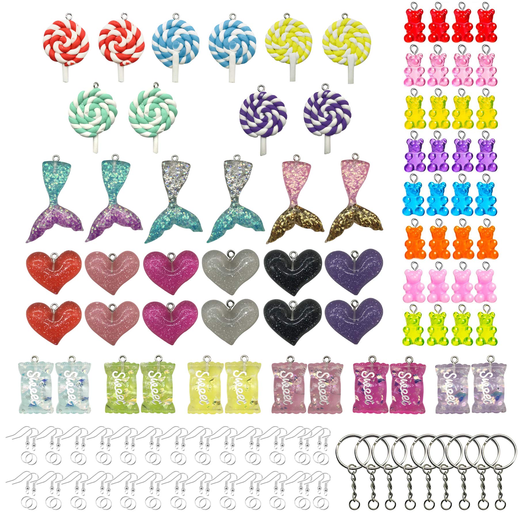 Allazone 195 PCS 5 Style Colorful Candy Pendant Charms Resin Gummy Bear Pendant, Lollipop Shape Pendants, Ear Hooks, Key Chains for Earrings Necklace DIY Jewelry Making