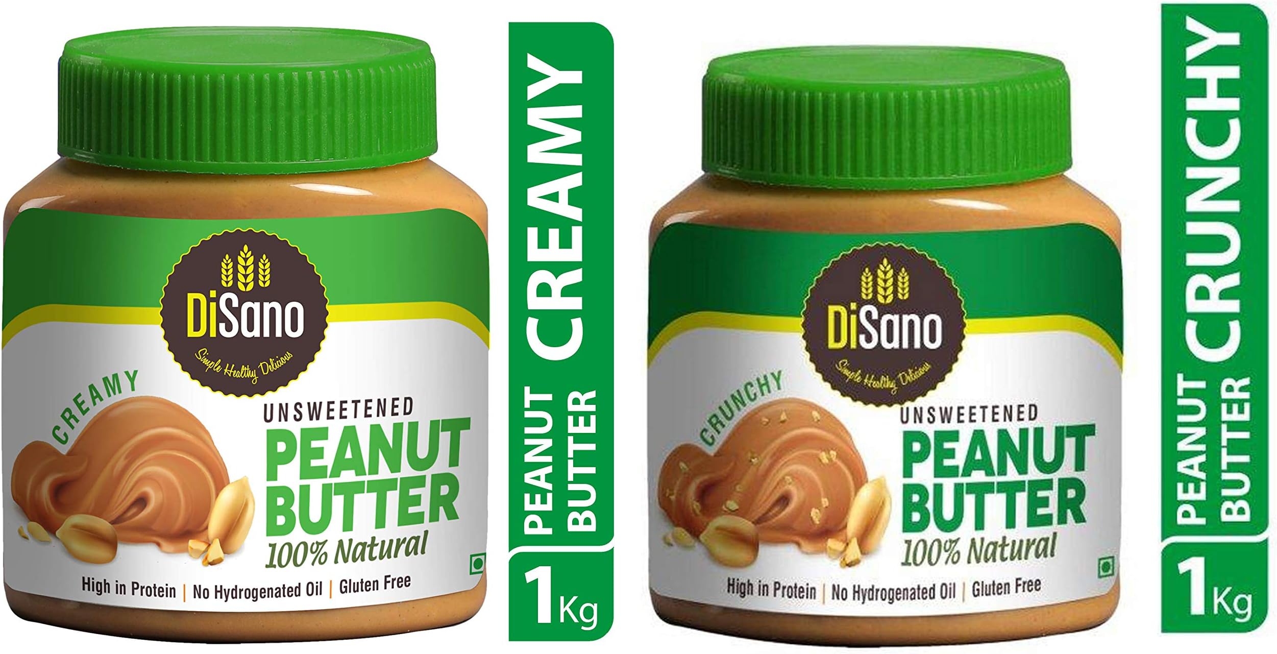 Disano Natural Unsweetened Peanut Butter, Creamy - 1Kg & Natural Unsweetened Peanut Butter, Crunchy, 1kg - Combo