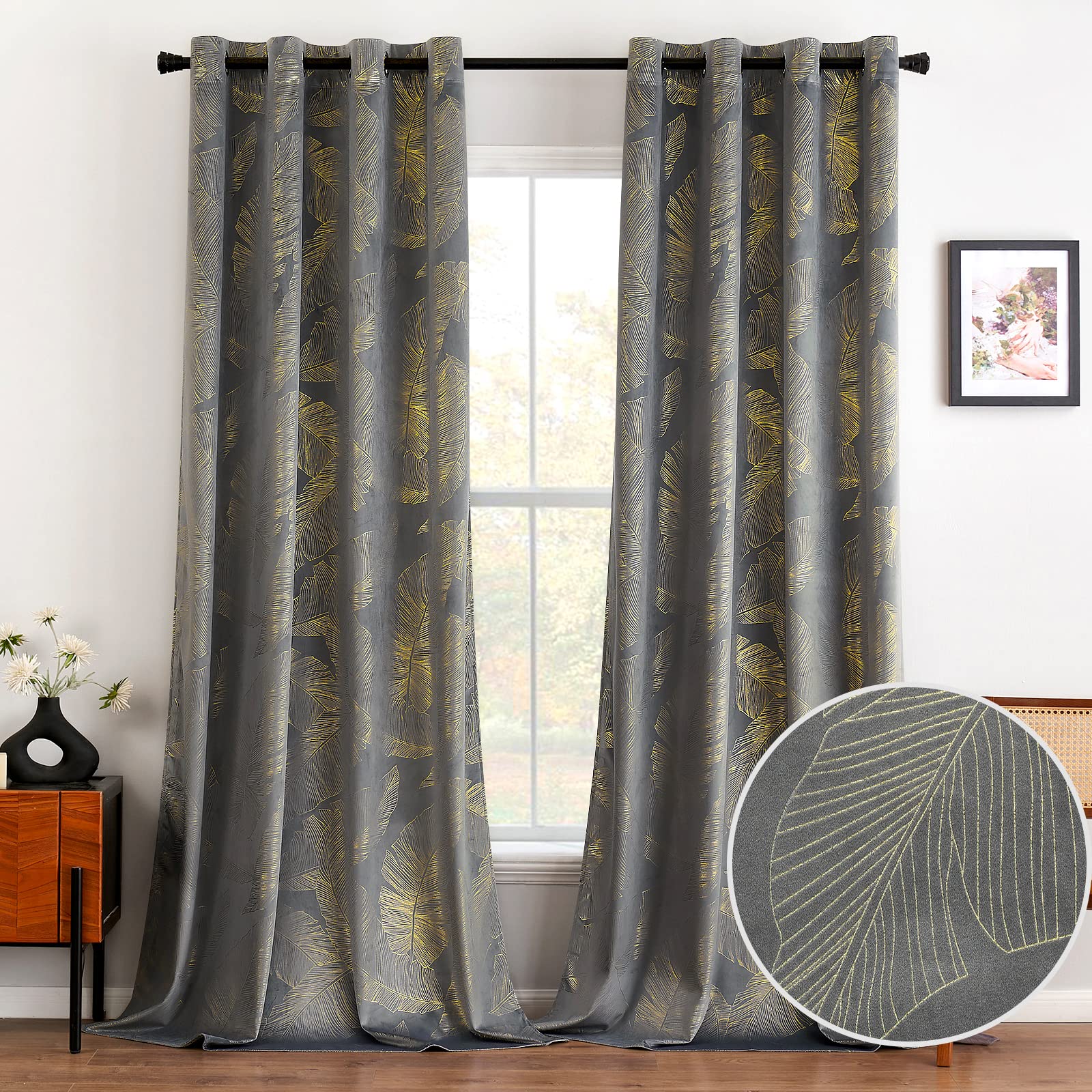 MIULEE Velvet Curtains with Gold Foil Leaves Pattern, 2 Pieces Grey Velvet Curtains with Eyelets, Each 55 x 96 Inch, Room Darkening Drapes for Classical Living Room Bedroom