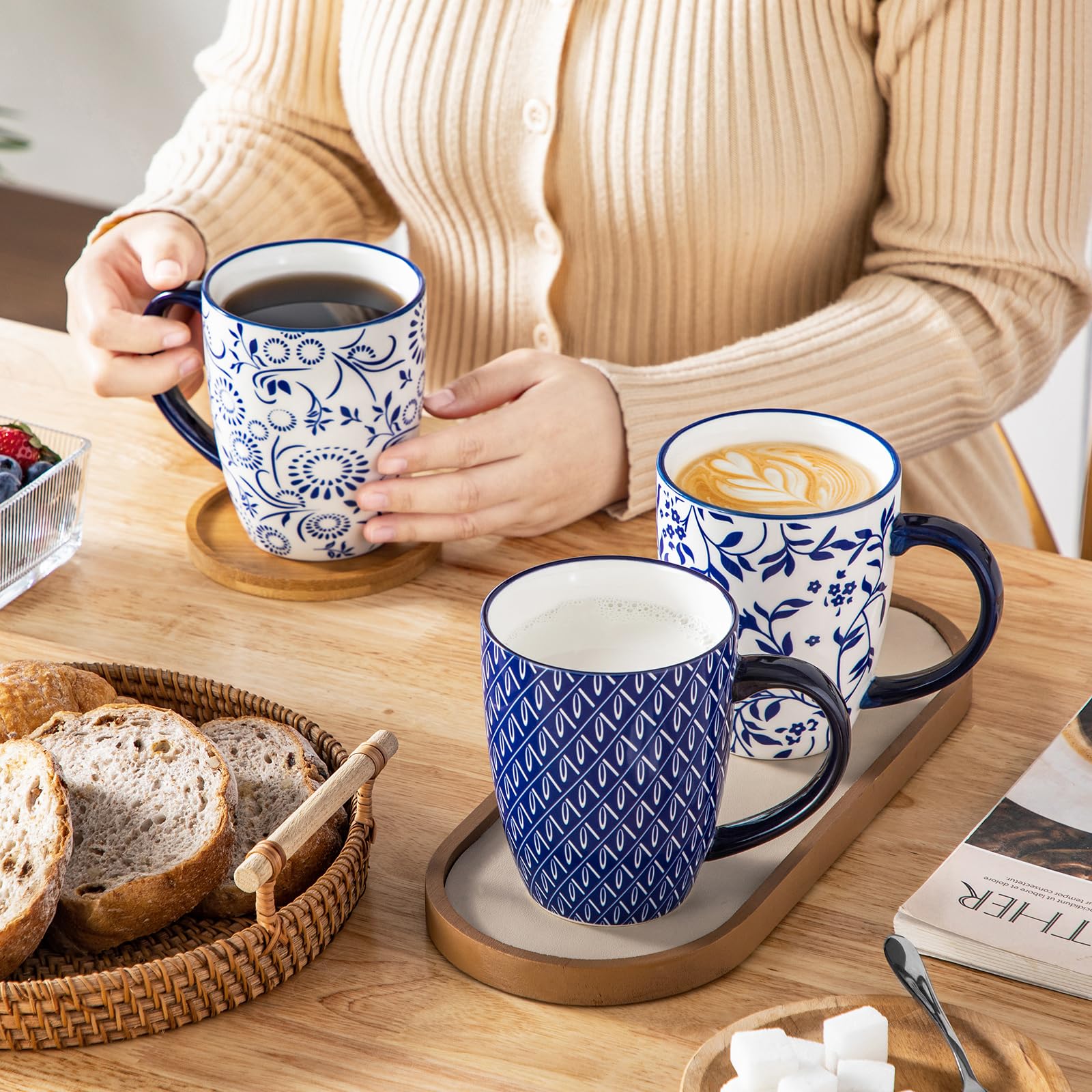 vancasso Kaffeetassen 6er Set, SELENE Porzellan Tassen, 480ml Kaffeebecher mit Henkel, Tasse für Kaffee, Milch, Tee & Kakao, Vintage Blau-weiß 5