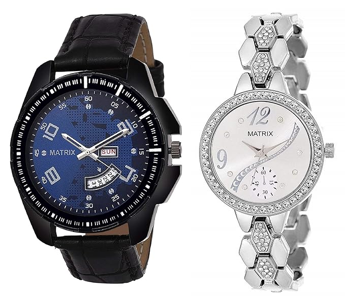 Matrix Bae-Redux Collection Day and Date Analogue Blue White Mens and Womens Couple Watch