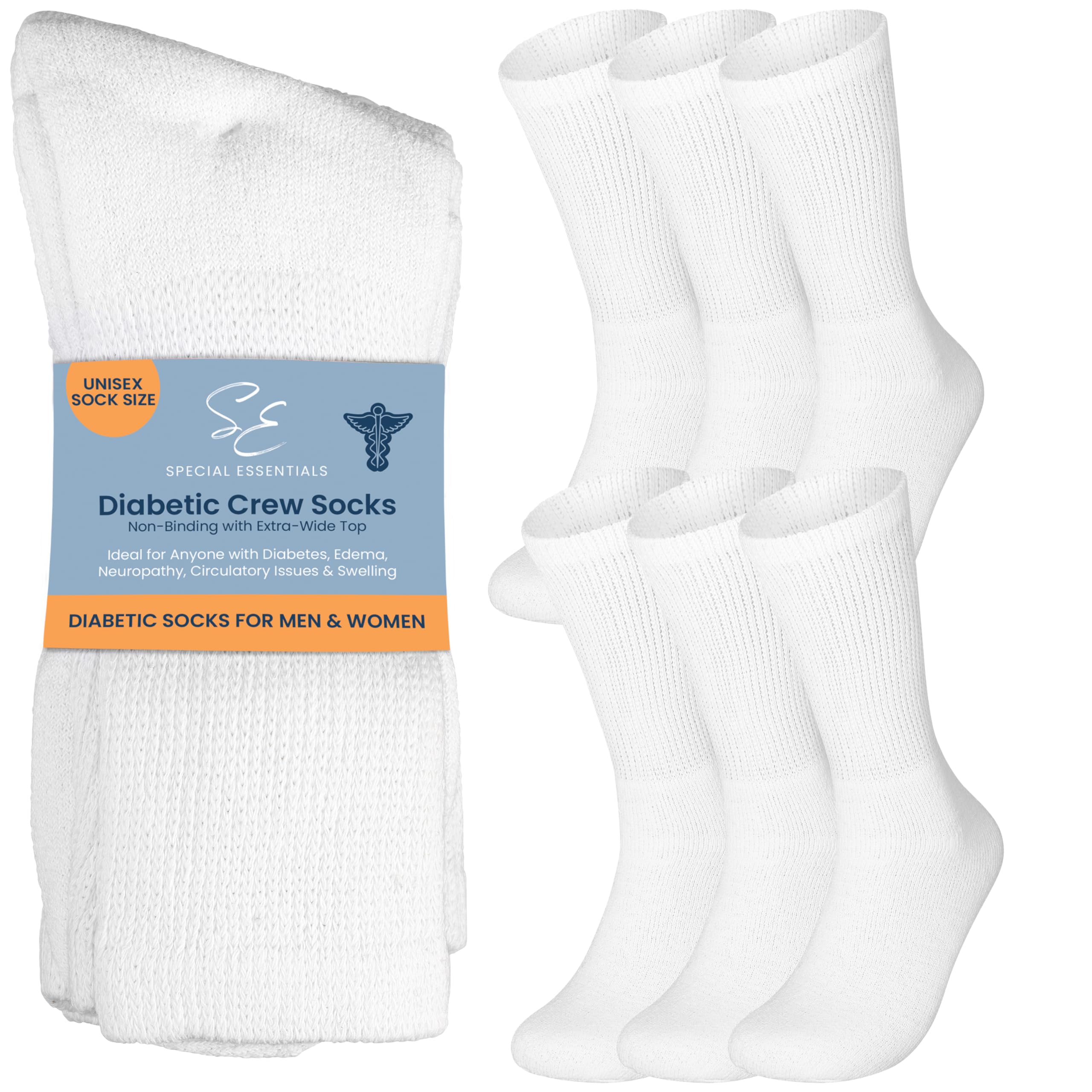 Special Essentials Diabetic Socks for Men & Women – 6 Pairs of Non-Binding Moisture-Wicking Neuropathy Socks – Crew Length