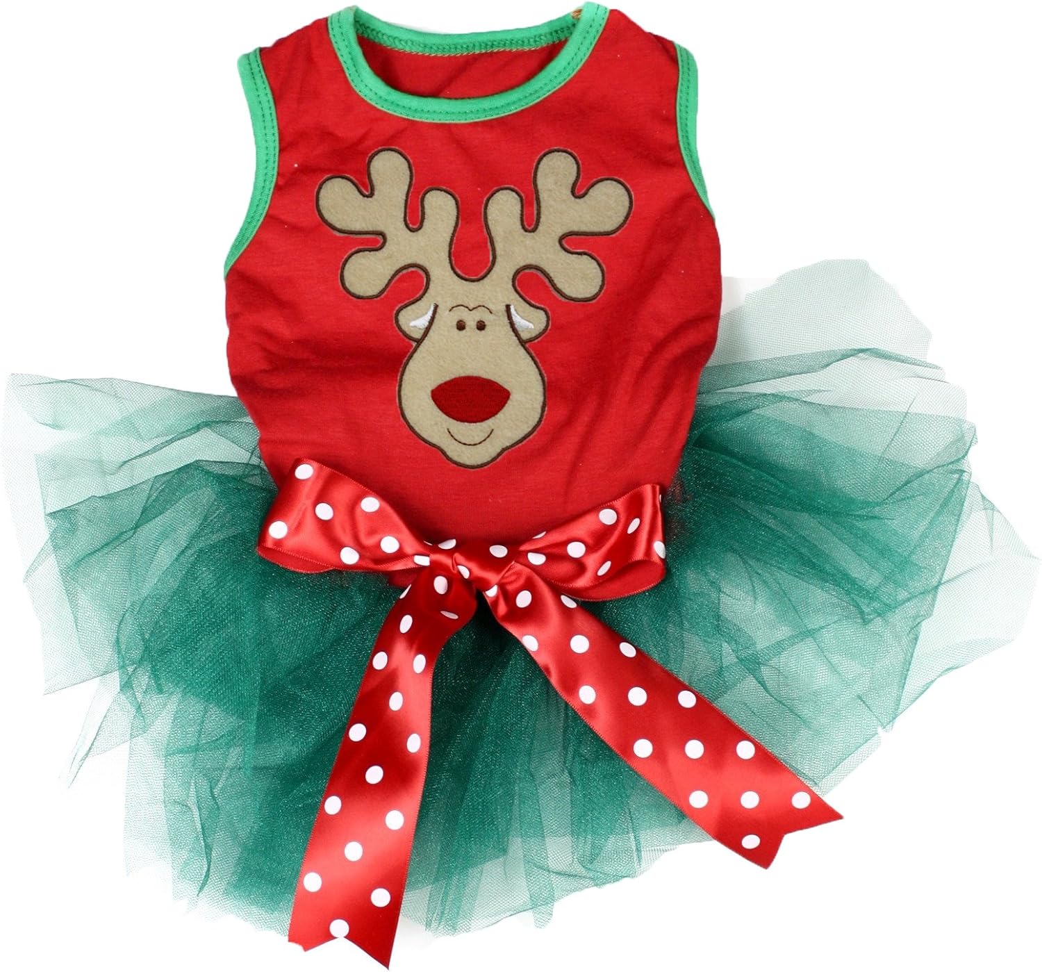 Petitebelle Reindeer Face Puppy Dog Dress (Red/Green, Small)