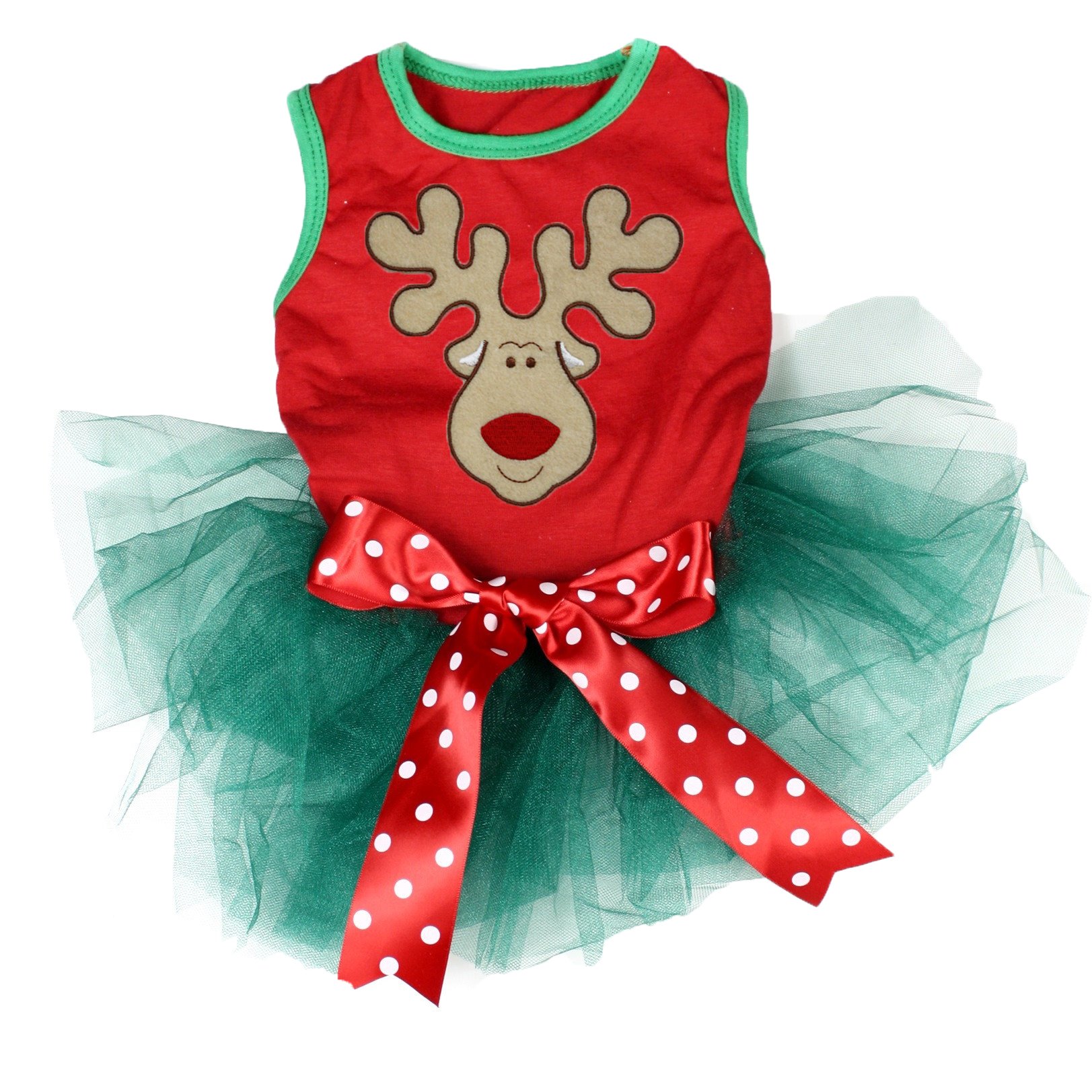 Petitebelle Reindeer Face Puppy Dog Dress (Red/Green, Medium)