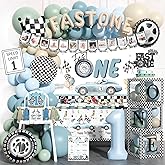 Fiesec Fast One Birthday Decorations, 146 Pcs Race Car 1st Birthday Party Supplies includes Backdrop, Balloon Garland, Photo Banner, Foil Balloons, Tablecloth, Boxes, Poster, Flag, Crown for Boys