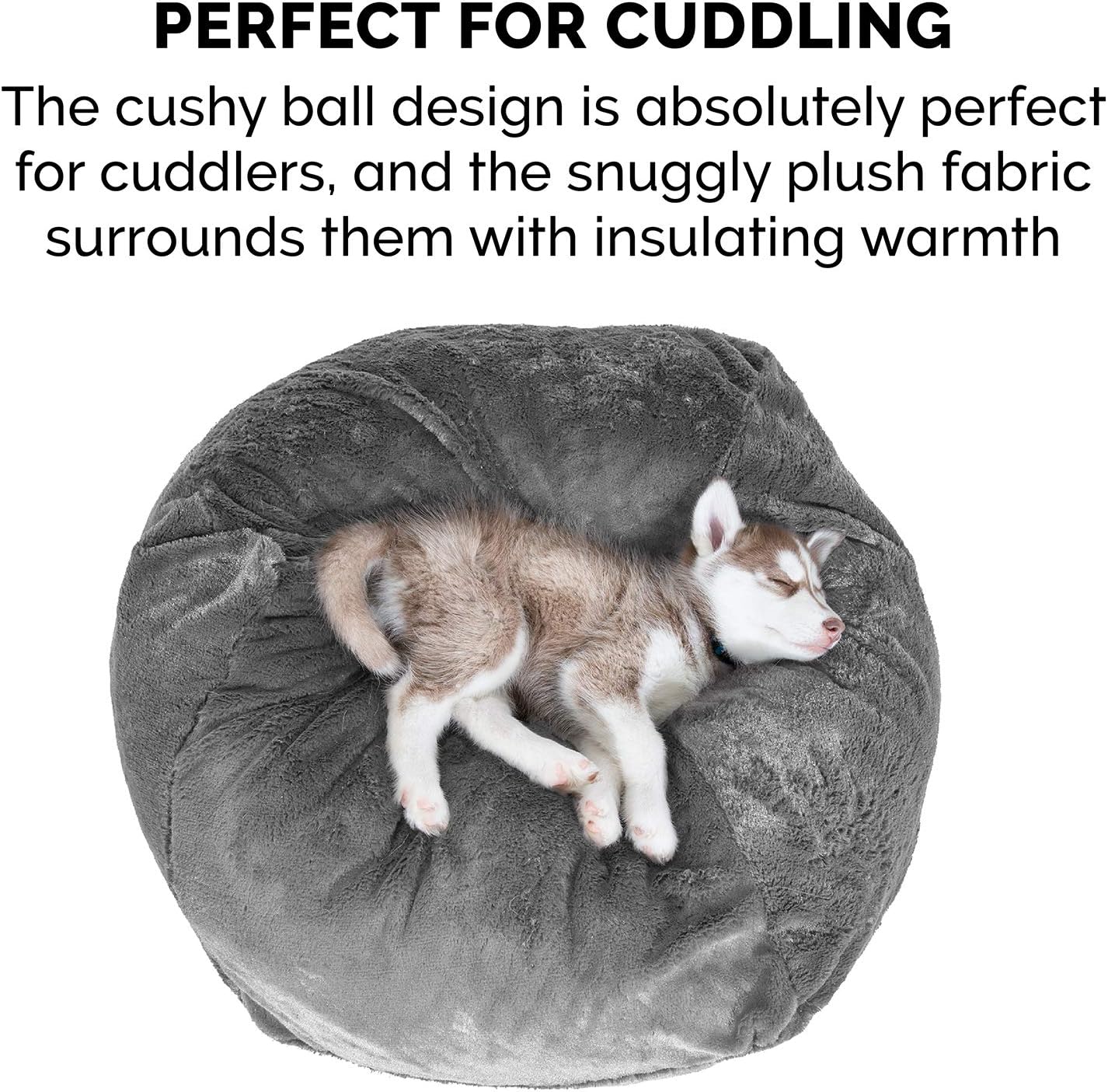 Furhaven Pet Dog Bed - Round Plush Faux Fur Refillable Ball Nest Cushion Pet Bed with Removable Cover for Dogs and Cats, Gray Mist, Large : Pet Supplies