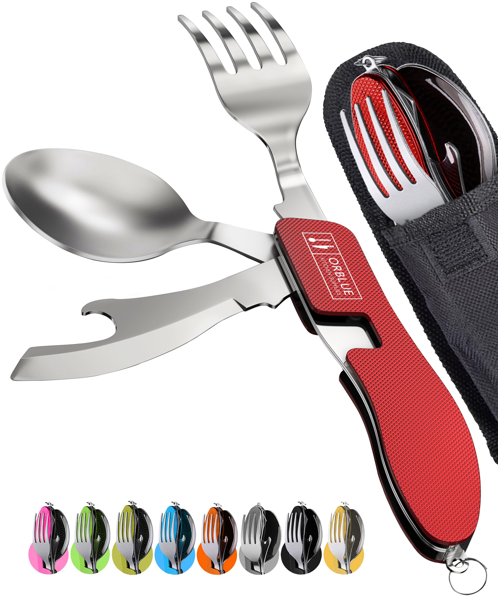 ORBLUE 4-in-1 Camping Cutlery Set 2-Pack – Stainless Steel Foldable Spoon Fork Knife Bottle Opener with Pouch – Portable Travel Cutlery & Camping Utensils for Hiking & Outdoor Use – Red