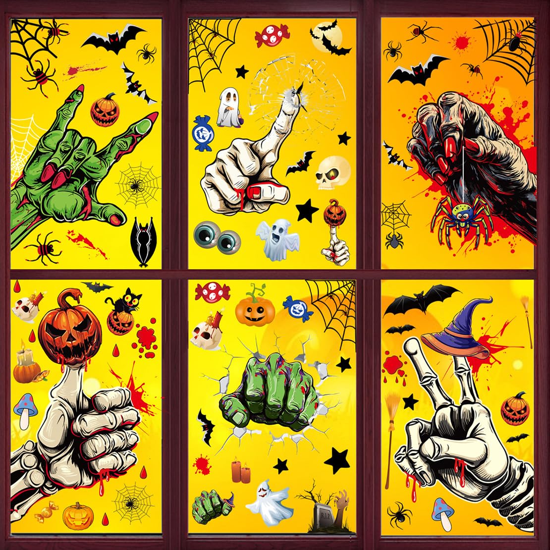 DeryArcle 6 Halloween Window Clings, Haunted House Stickers, Ghost Skeleton Scary Decals, Removable Halloween Window clings for Party Decorations