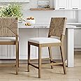 Nathan James Beacon Bohemian Boucle Bar Stool, Upholstered Counter Height Chair with Solid Wood Frame and Woven Seagrass Back for Kitchen Island, Light Brown/Seagrass/Cream Boucle
