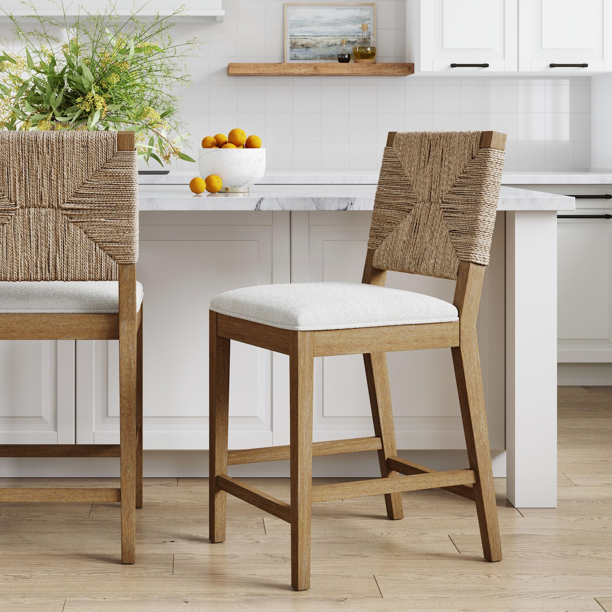 Photo 1 of **PARTIAL SET ONLY 1*** Nathan James Beacon Bohemian Boucle Bar Stool, Upholstered Counter Height Chair with Solid Wood Frame and Woven Seagrass Back for Kitchen Island, Light Brown/Seagrass/Cream Boucle