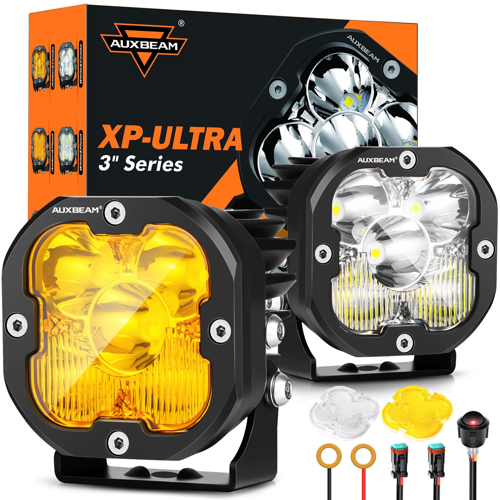 Photo 1 of Auxbeam XP-Ultra Series 3Inch 80W Spot Flood Combo Ditch Lights, Far & Wide Amber White Cube Lights Offroad LED Bar, 9600LM Yellow Driving LED Pods with Light Covers, Pair