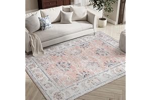 jinchan Washable Area Rug 5x7 - Low Pile Bedroom Rug for Girl Pink Floral Print Stain Resistant Indoor Boho Carpet Distressed Vintage Ultra-Thin Non-Slip Rug Living Room Dining Room Kitchen