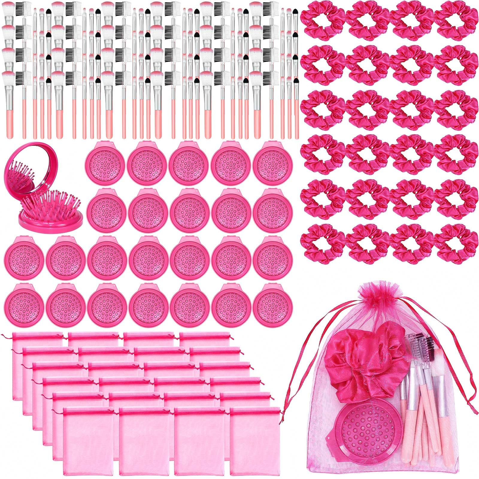 RWFMO 24 Sets Pink Spa Party Favours for Girls Includes Foldable Mirror Hair Brush, Satin Scrunchies, Mini Makeup Brushes and Organza Bags, Complete Sleepover Birthday Gift